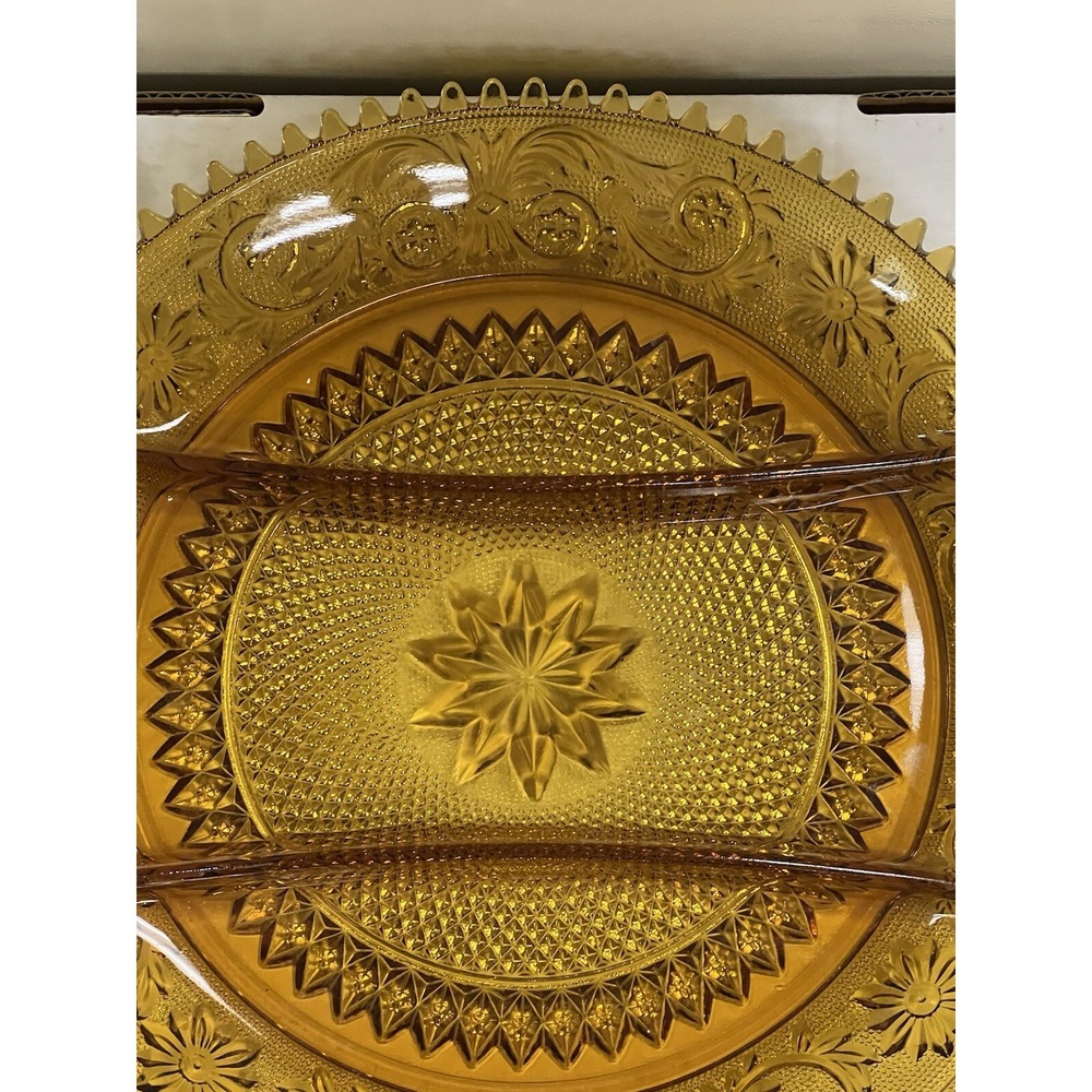 Vtg Tiara Indiana Sandwich Pattern Amber Round Divided Vegetable Platter (897) - Picture 10 of 10
